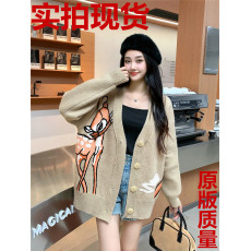 批发欧阳娜娜傅菁<b class='q'>同款</b>宽松慵懒风羊毛开衫时尚小鹿针织毛衣外套