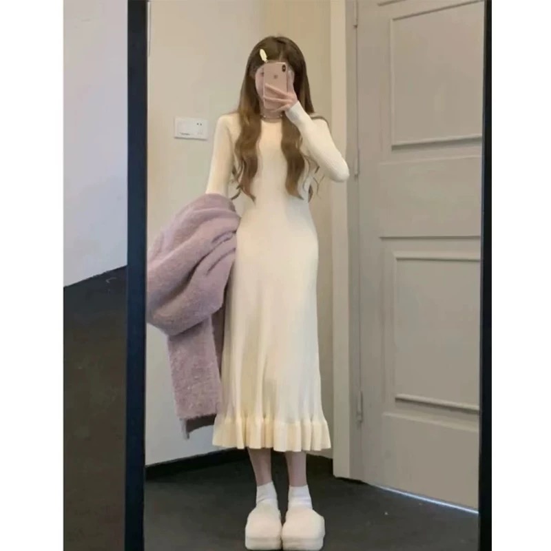 프랑스식 부드러운 품격 니트 여성 드레스 봄 가을 슬림해 보이는 허리 수축 인사이드 가져 가라. 중간 길이 만나는 타이트 스커트 인어 꼬리 스커트