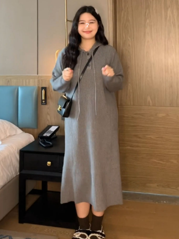 가을과 겨울 중간 및 긴 섹션 게으른 바람 후드가 달린 스웨터 스커트 느슨한 여가 인사이드 가져 가라. 바지를 입는 셔츠 한국어 버전 뜨개질 드레스