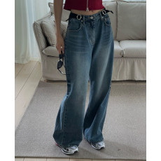 批发现 侧腰卡扣设计宽松男友风阔腿牛仔裤