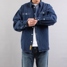 批发春季日系复古工装牛仔条纹衬衫男宽松纯棉多口袋黑色休闲长袖衬衣