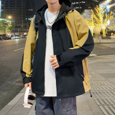 批发实拍2024秋季新款潮牌拼接夹克男连帽百搭防风冲锋衣露营外套男