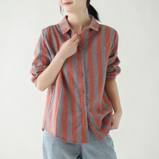 批发实拍 双层棉纱长袖衬衫女方领条纹休闲纯棉上衣复古宽松衬衣女