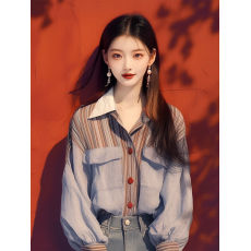 批发2026早秋新款独特漂亮小衫法式洋气时髦韩系减龄蓝色拼接长袖<b class='q'>衬衫</b>