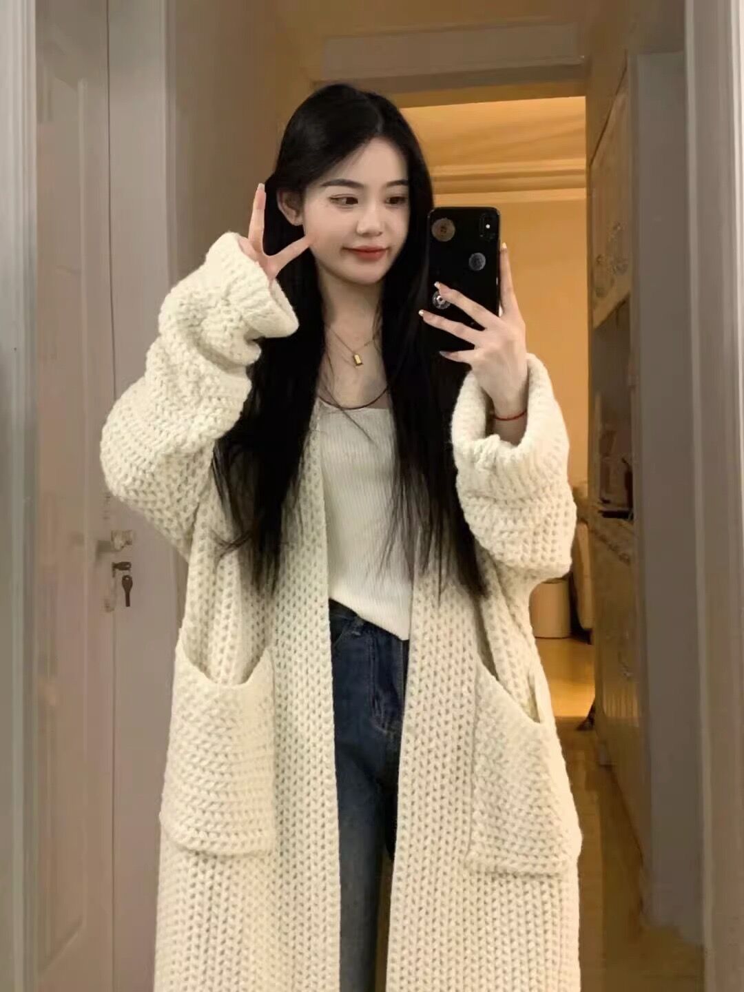 일몰 연인 느긋한 부드러운 찹쌀 롱 코트 니트 스웨터 여성 2026 레트로 루즈핏 캐주얼 슬림해 보이는 긴팔 스웨터 코트