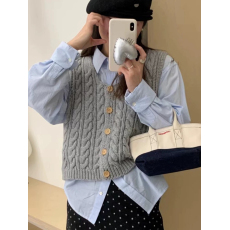 批发韩系小方领麻花针织开衫毛衣马甲女春季设计感短款坎肩叠穿背心…
