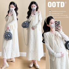 批发实拍2026春季新款孕妇纯棉蕾丝宽松无袖背心连衣裙＋针织开衫