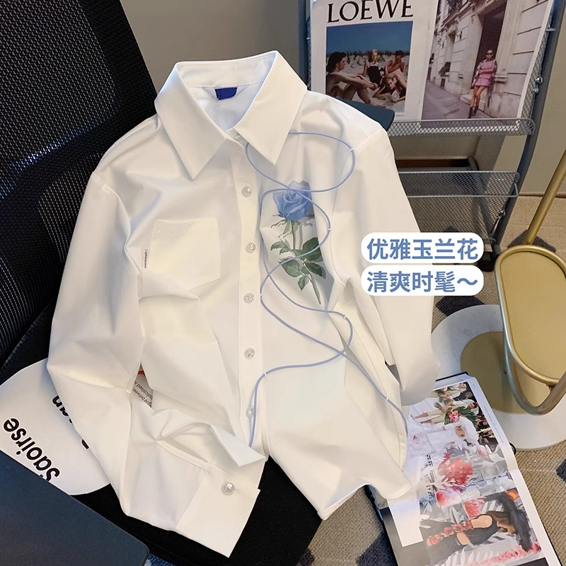 FA26602# 原版质量设计感玫瑰印花绑带衬衫女25夏新款长袖立体花朵上衣潮