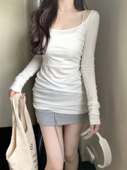 Real shot of autumn Korean style square collar pure desire slimming mid-length Tencel comfortable inner long-sleeved T-shirt top for women
