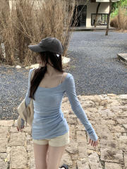 Actual shot of autumn Korean style square collar pure desire versatile mid-length Tencel skin-friendly inner long-sleeved T-shirt top for women