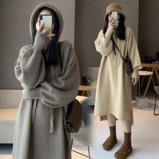 批发温柔慵懒风连帽卫衣裙女秋冬季显瘦休闲打底针织<b class='q'>连衣裙</b>潮Ins