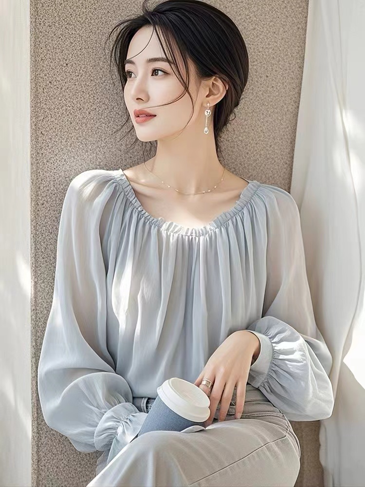 2024 년 이른 가을 새로운 프랑스어 아름다운 맨위 기질 고급 센스 블루 슈퍼 잘 생긴 긴 소매 여성 셔츠