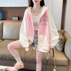 批发实拍 春秋韩版宽松华棉复合连帽亮片刺绣拉链开衫大码薄款外套女
