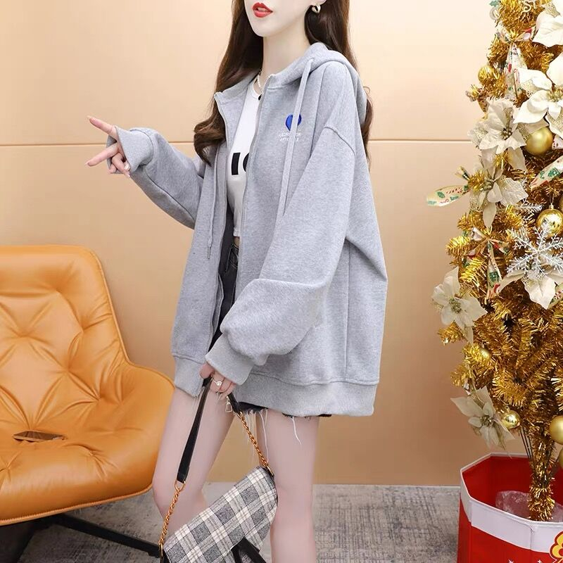 순수한 Mianhua 면 이후 패키지 칼라 주머니 하트 자수 후드 지퍼 캐주얼 후드티 재킷