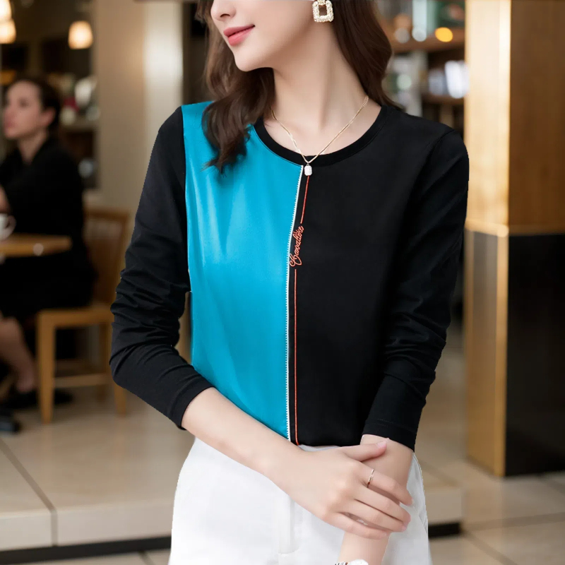 MY17725# 高端仿真丝T恤宽松内搭拼接长袖刺绣圆领打底上衣女裝貨源服...