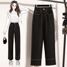 批发实拍2026春新款大码直筒休闲弹力牛仔女长裤胖MM显瘦显高九分裤