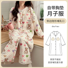 批发 L-3XL 空气棉月子裙睡裙秋冬季哺乳孕妇带胸垫长裙