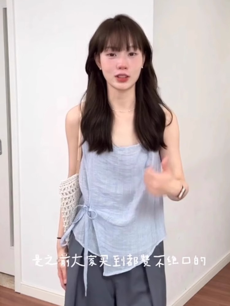 韩版hiphop蓝色波点背心女夏季宽松高级感名媛气质休闲百搭上衣潮