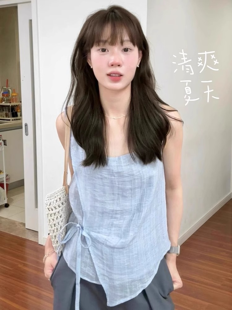 韩版hiphop蓝色波点背心女夏季宽松高级感名媛气质休闲百搭上衣潮