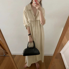 批发尺寸已更新 韩版宽松简约慵懒风双口袋单排扣长袖衬衫<b class='q'>连衣裙</b>