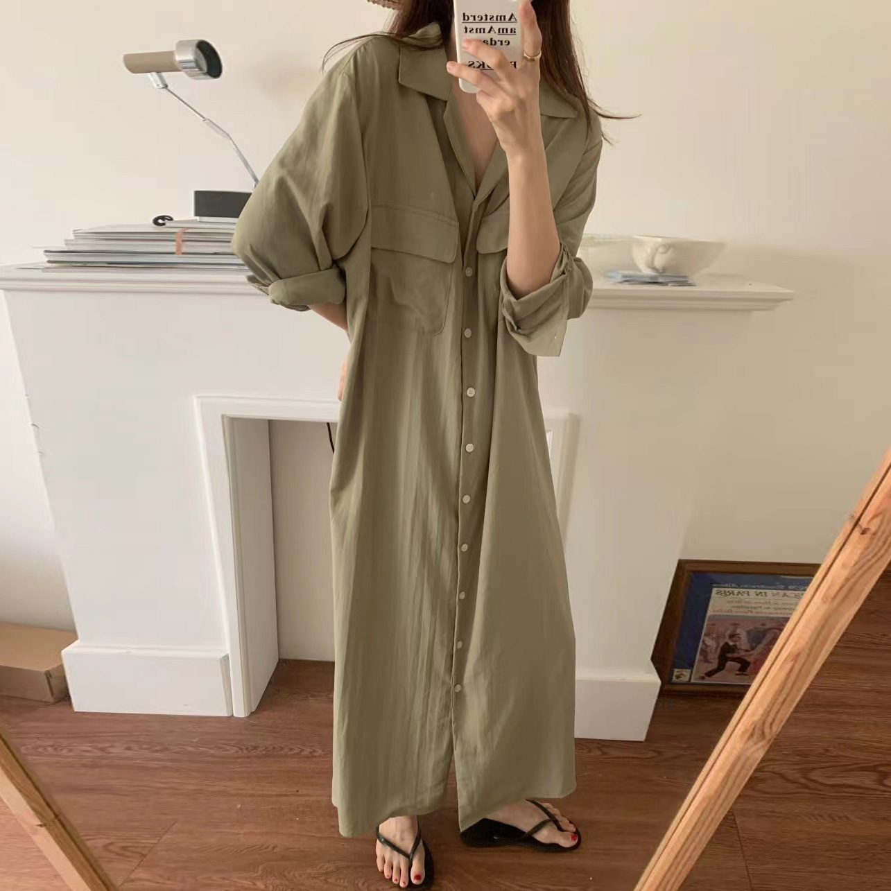 크기 있음 업데이트 한국 스타일 루즈핏 미니멀리즘 느긋한 바람 더블 주머니 싱글 줄 버튼 긴팔 셔츠 드레스