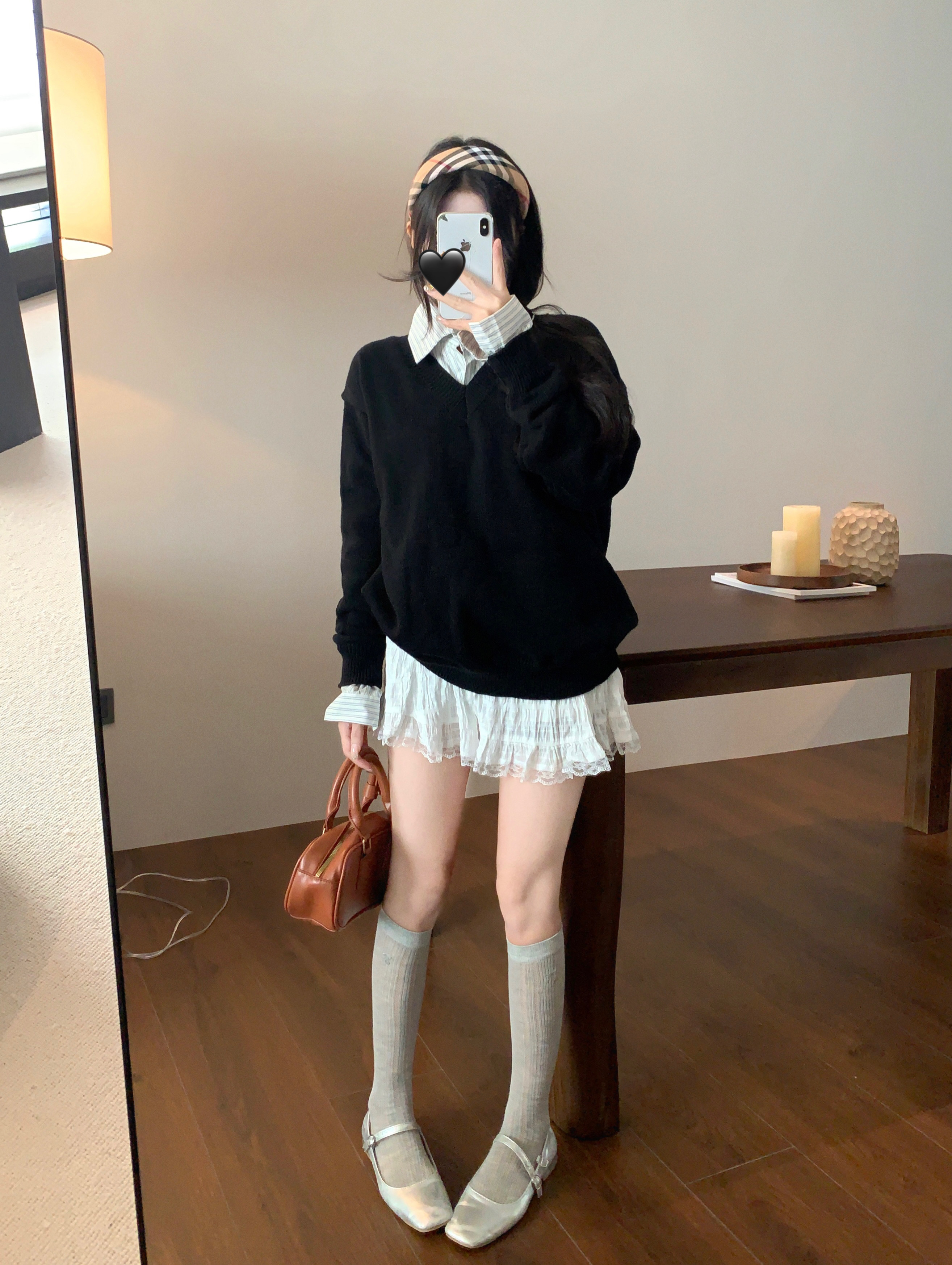 실사 한 부서 느긋한 V넥 검정색 루즈핏 스웨터 스트라이프 다용도 셔츠 투피스 세트