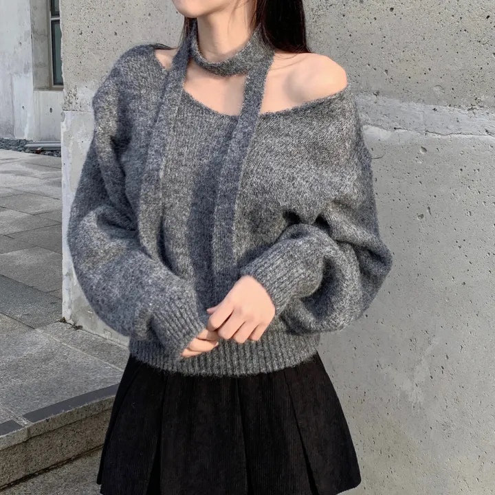 한국 chic 미니멀리즘 V넥 오프숄더 행침 목 긴팔 스웨터