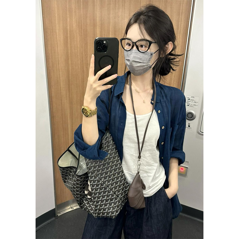 法式藍色防曬襯衫女春秋薄款開衫外套上衣配吊帶外搭披肩罩衫