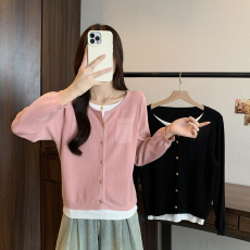 批发2026春秋新款假两件拼色针织<b class='q'>开衫</b>外套大码<b class='q'>女</b>装微胖mm宽松毛衣