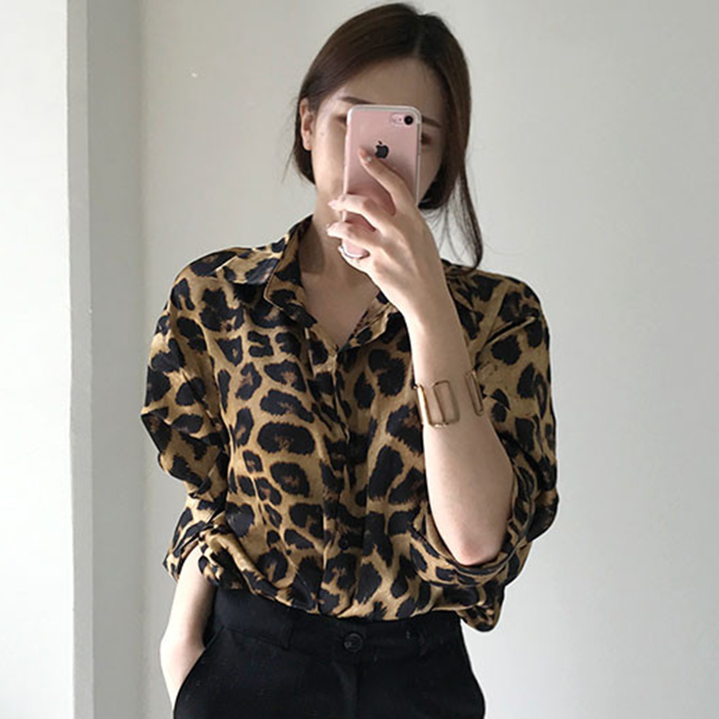 가을 의상 새로운 빅 사이즈 여성 의류 한국 chic 레트로 루즈핏 레오파드 무늬 폴로 칼라 다용도 루즈핏 긴팔 셔츠 맨위