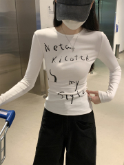 Real shot of autumn Korean style slim-fit hot girl slimming letter printed versatile pure cotton long-sleeved inner T-shirt top