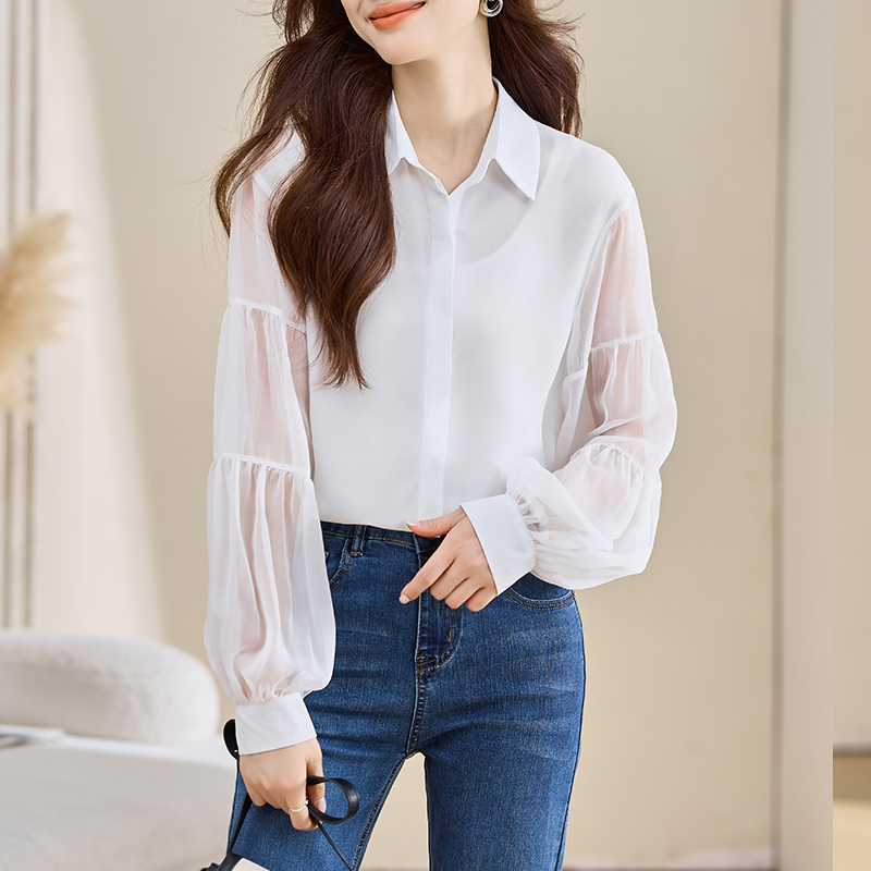 실사 외국 가스 가을 새로운 품격 여성 의류 폴로 칼라 단색 벌룬 소매 쉬폰 톱 오픈 가디건 셔츠 만나는 셔츠
