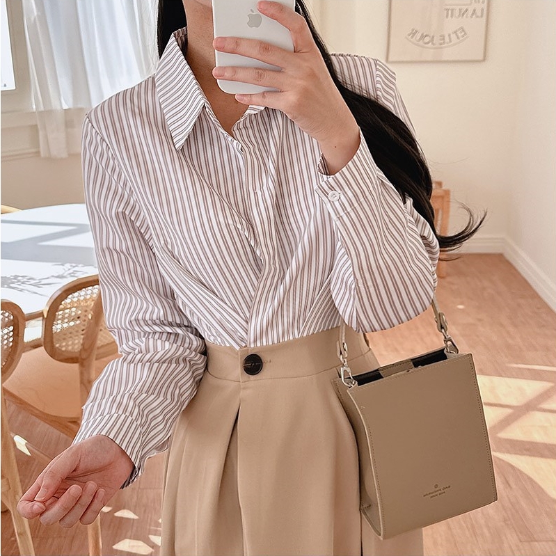 한국 chic 가을 프랑스식 빛 럭셔리 패션 품격 스트라이프 패치워크 허리 수축 셔츠 드레스 불규칙 드레스