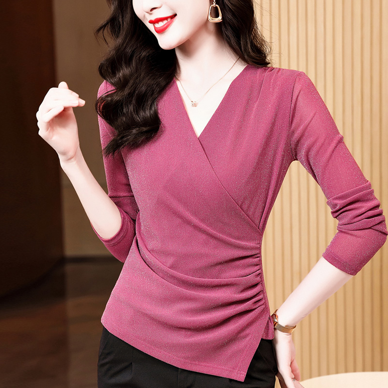 PF20964#新款交叉V领修身显瘦纯色银丝长袖网纱打底衫女女裝貨源服裝批發