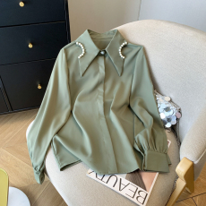 批发实拍 春季新款设计感小众珍珠领洋气时尚长袖雪纺衬衫女上衣