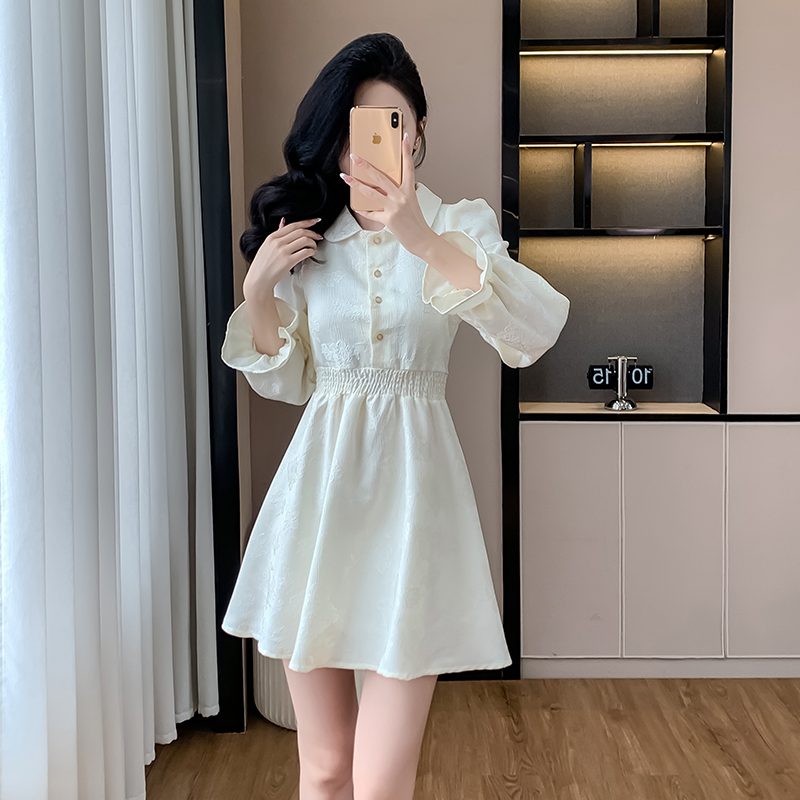 실사 센 부서 부드러운 바람 거품 소매 POLO 칼라 치마 프랑스식 쉬폰 허리 수축 슬림해 보이는 여성 드레스 트렌디