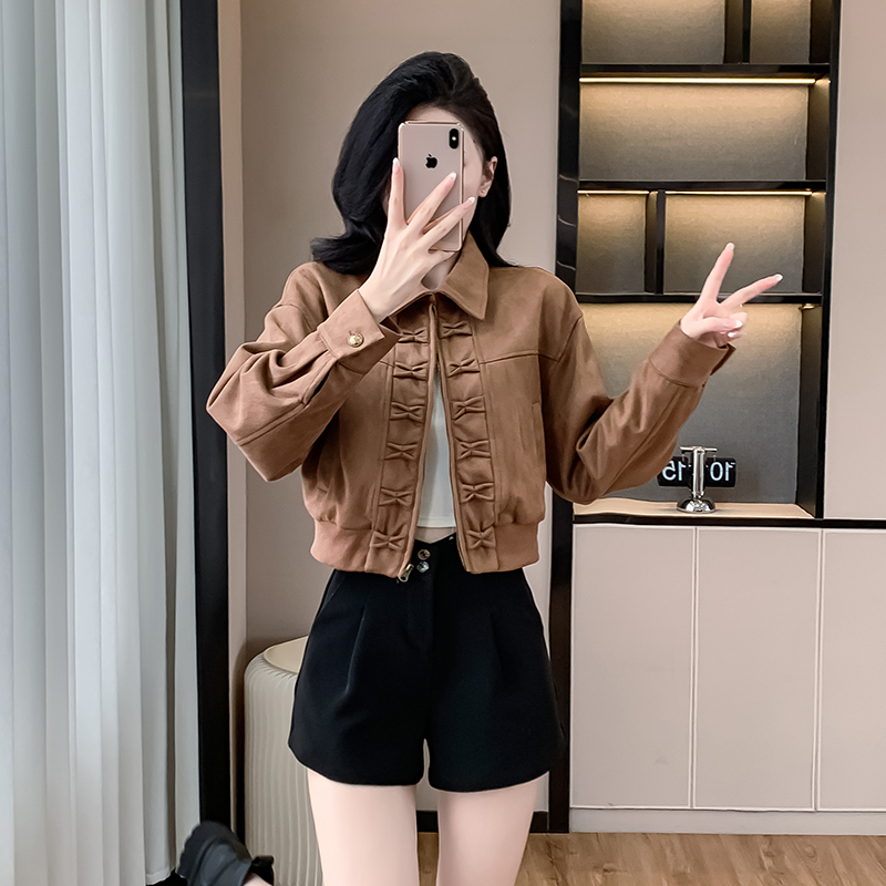 실사 폴로 칼라 레트로 항구 바람 짧은 여성 코트 재킷 캐주얼 2025 가을 새로운 여성 의류 스웨이드 원단 맨위 여성