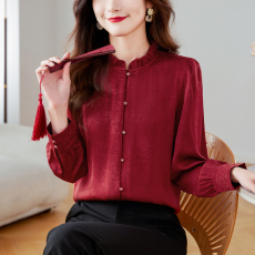 批发立领木耳边醋酸锻提花刺绣女上衣2026春季新款<b class='q'>OL</b>气质洋气长袖小衫