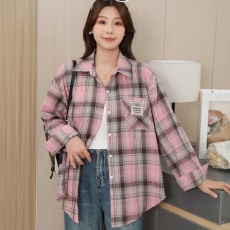 批发韩版春秋格子贴标宽松oversize长袖复古<b class='q'>衬衫</b>原宿风休闲外套女<b class='q'>衬衣</b>