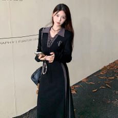 批发实拍 早秋长袖polo连衣裙女<b class='q'>春</b>秋大码气质长款卫衣裙子黑色长裙