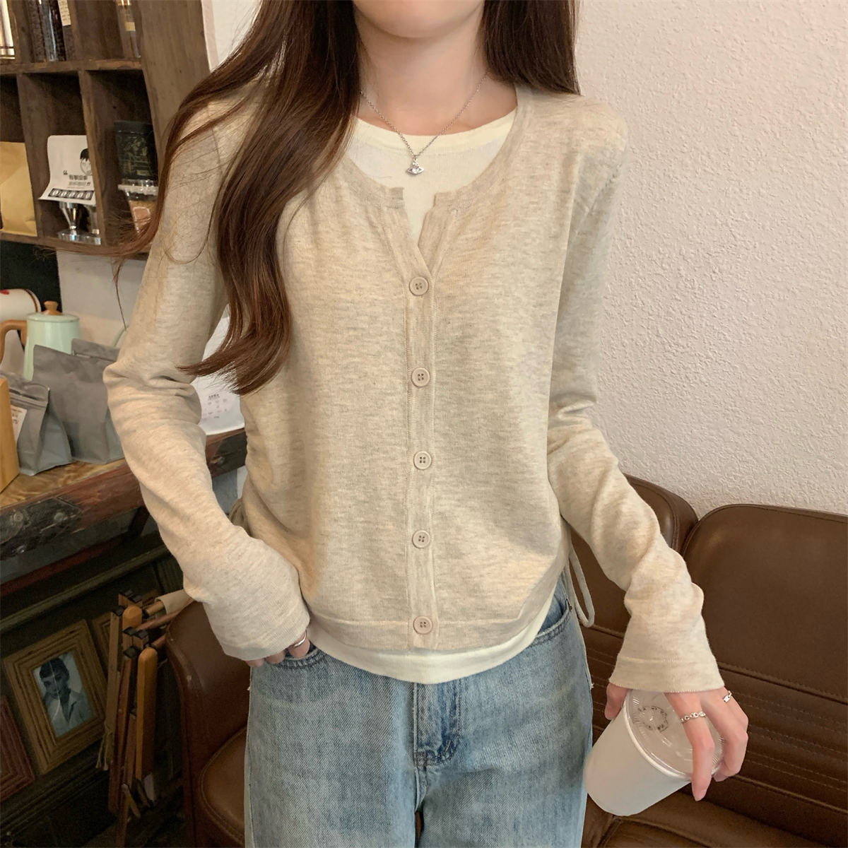 Real shot Autumn Korean style contrast stripe drawstring fake two-piece single-breasted 6 wool knitted long-sleeved top for women