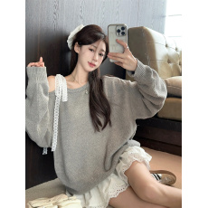 批发实拍实价~设计感假两件蕾丝拼接百搭短款灰色针织露肩毛衣连衣裙