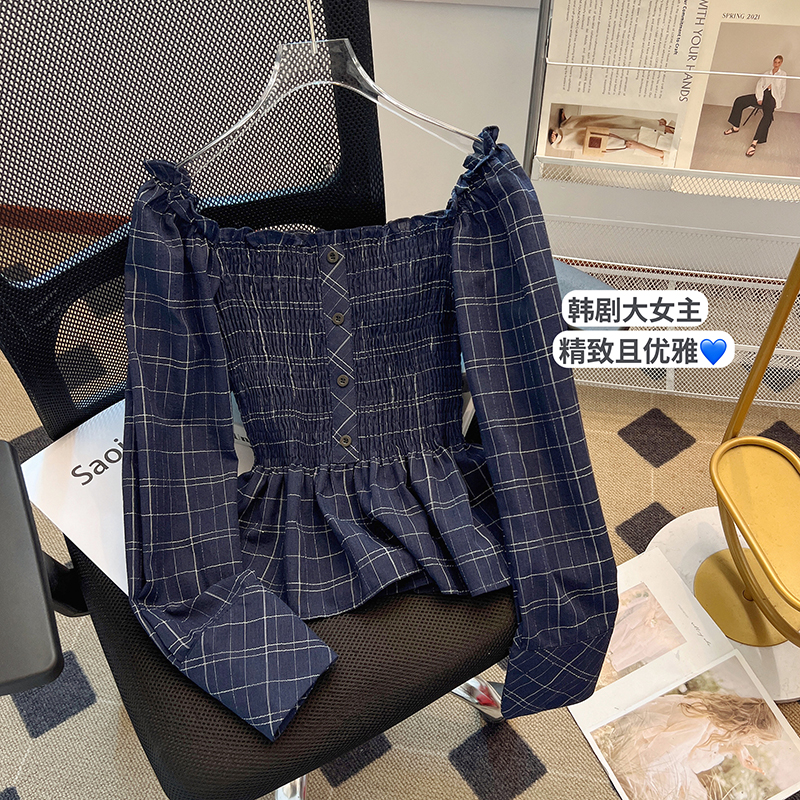 LN72805# 新款一字肩格子设计感排扣衬衫 服裝批發女裝批發服飾貨源