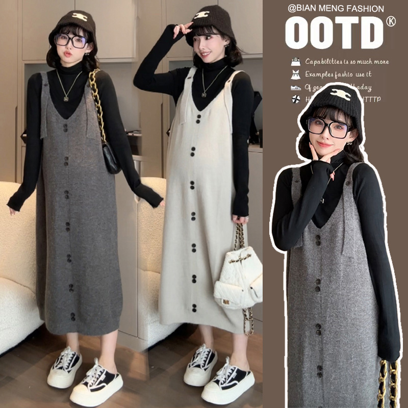 Languid V-neck two-button design long knee-length loose knit dress coat open sweater knit tank dress trendy