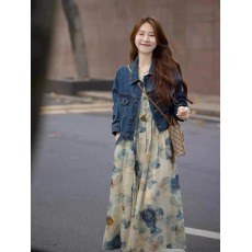 批发2026春季新款盐系轻熟风时尚减龄水墨画连衣裙配牛仔短外套两件套