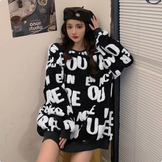 European lettered plush thickened pullover sweatshirt for women autumn and winter 2024 new loose and lazy niche mid-length top