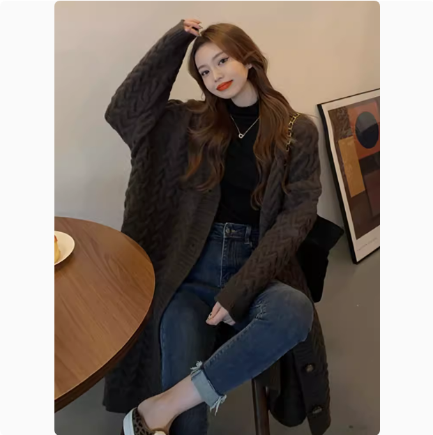 Retro twist sweater coat autumn and winter Korean version 2024 new design long over-the-knee long-sleeved knitted coat for women