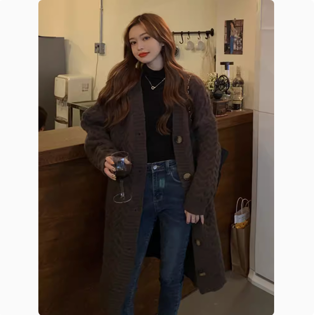 Retro twist sweater coat autumn and winter Korean version 2024 new design long over-the-knee long-sleeved knitted coat for women