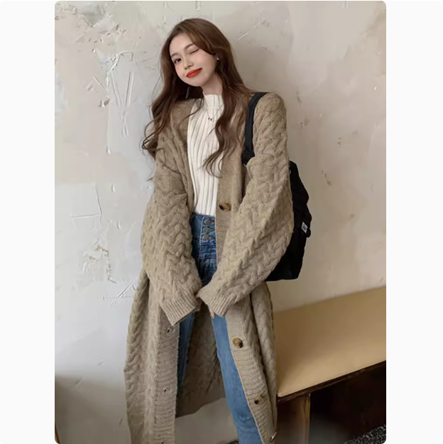 Retro twist sweater coat autumn and winter Korean version 2024 new design long over-the-knee long-sleeved knitted coat for women