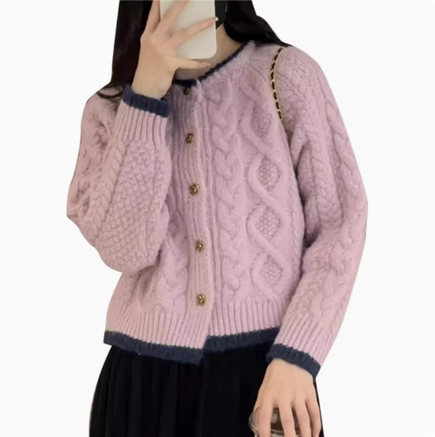 Pink small fragrant knitted cardigan for women in autumn and winter European goods contrasting color short top French twist sweater jacket